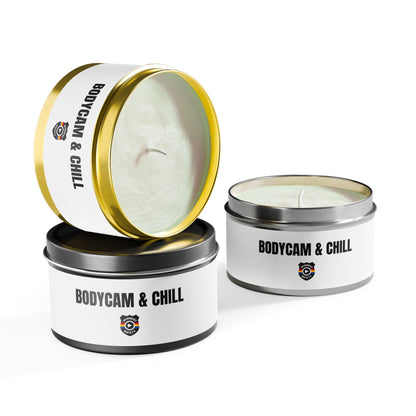 Tin Candle — "Bodycam & Chill", Scented Tin Candle (Midwest Safety Logo Design)