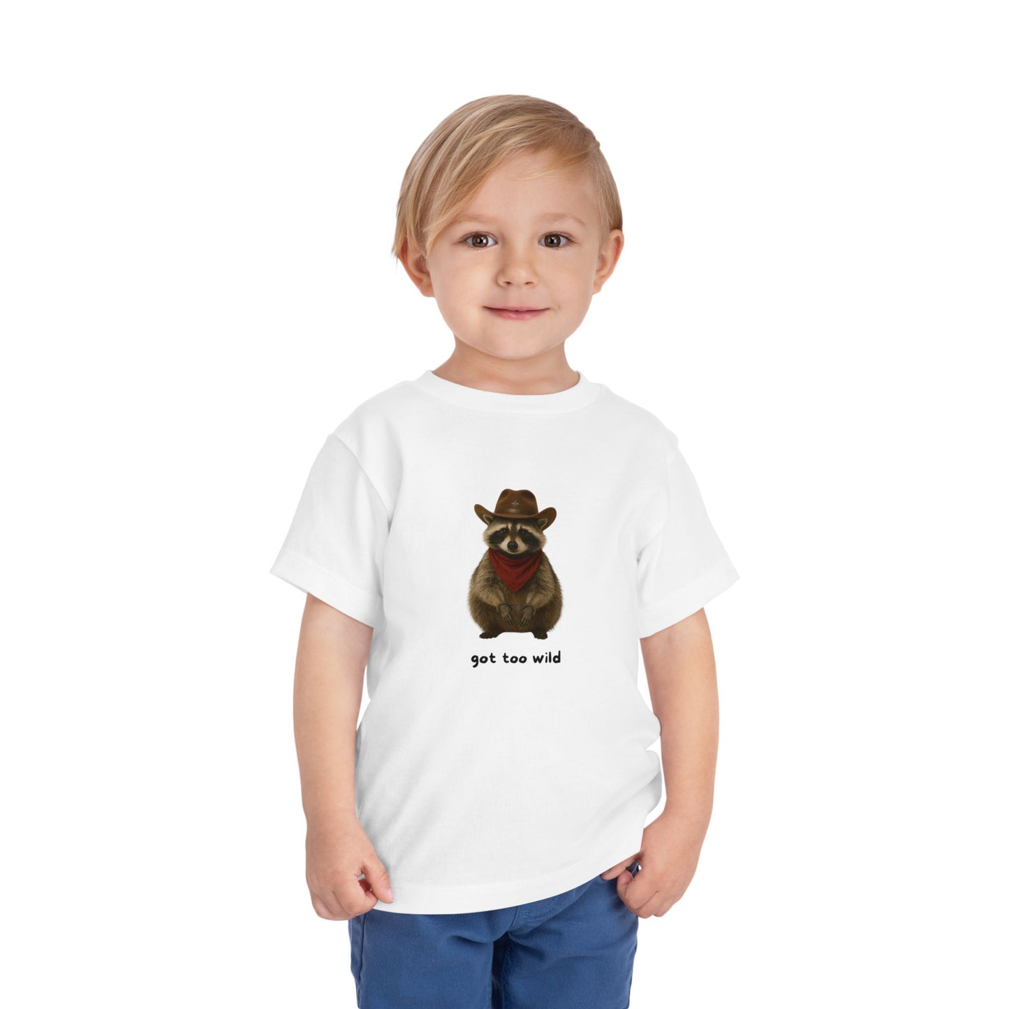 "Got Too Wild" Adorable Toddler T-Shirt with Cowboy Raccoon - "Got Too Wild" Design