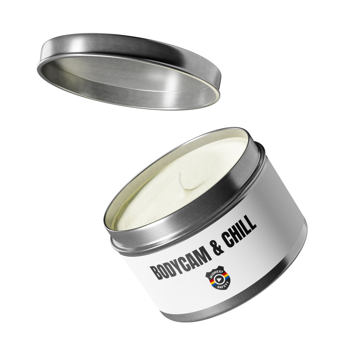 Tin Candle — "Bodycam & Chill", Scented Tin Candle (Midwest Safety Logo Design)