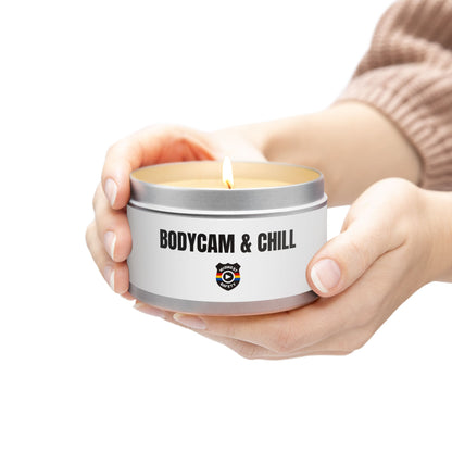 Tin Candle — "Bodycam & Chill", Scented Tin Candle (Midwest Safety Logo Design)