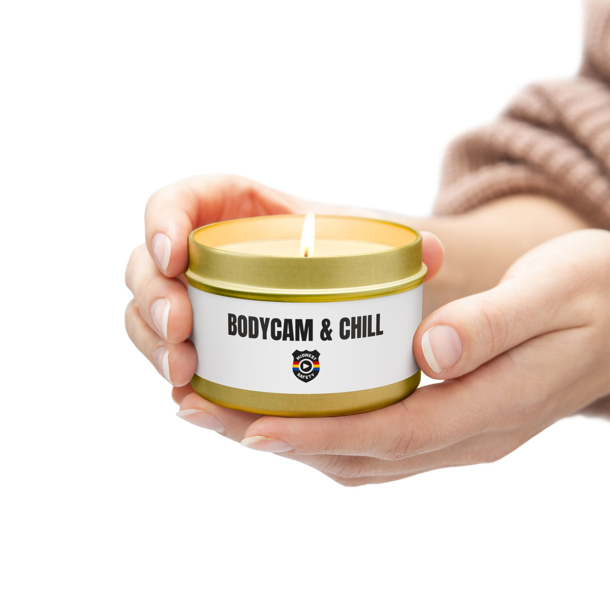 Tin Candle — "Bodycam & Chill", Scented Tin Candle (Midwest Safety Logo Design)