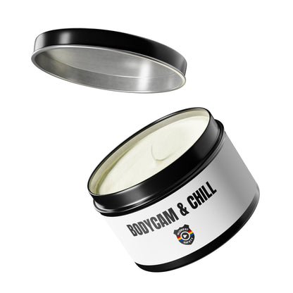 Tin Candle — "Bodycam & Chill", Scented Tin Candle (Midwest Safety Logo Design)