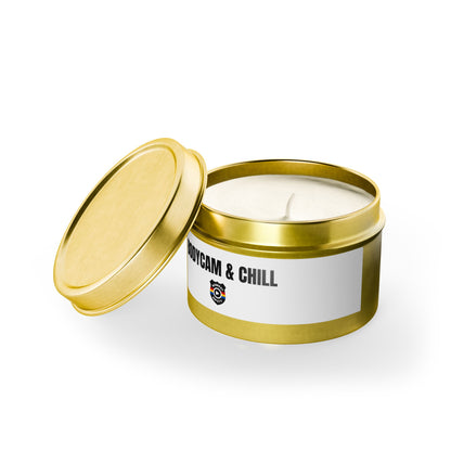 Tin Candle — "Bodycam & Chill", Scented Tin Candle (Midwest Safety Logo Design)