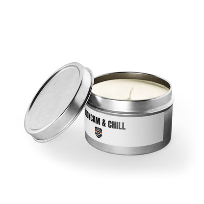Tin Candle — "Bodycam & Chill", Scented Tin Candle (Midwest Safety Logo Design)