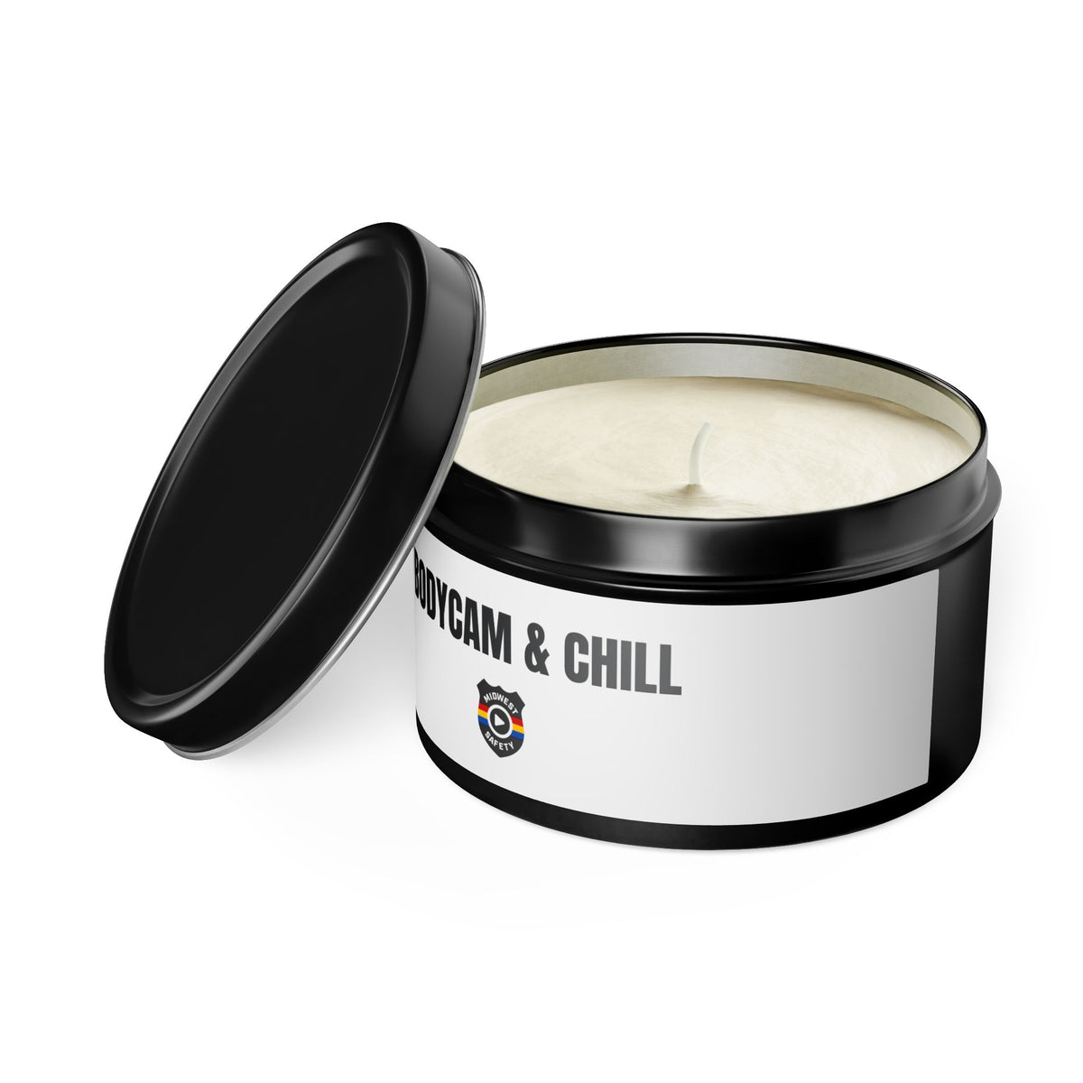 Tin Candle — "Bodycam & Chill", Scented Tin Candle (Midwest Safety Logo Design)