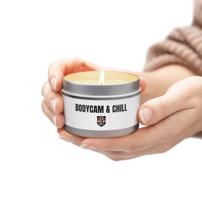 Tin Candle — "Bodycam & Chill", Scented Tin Candle (Midwest Safety Logo Design)