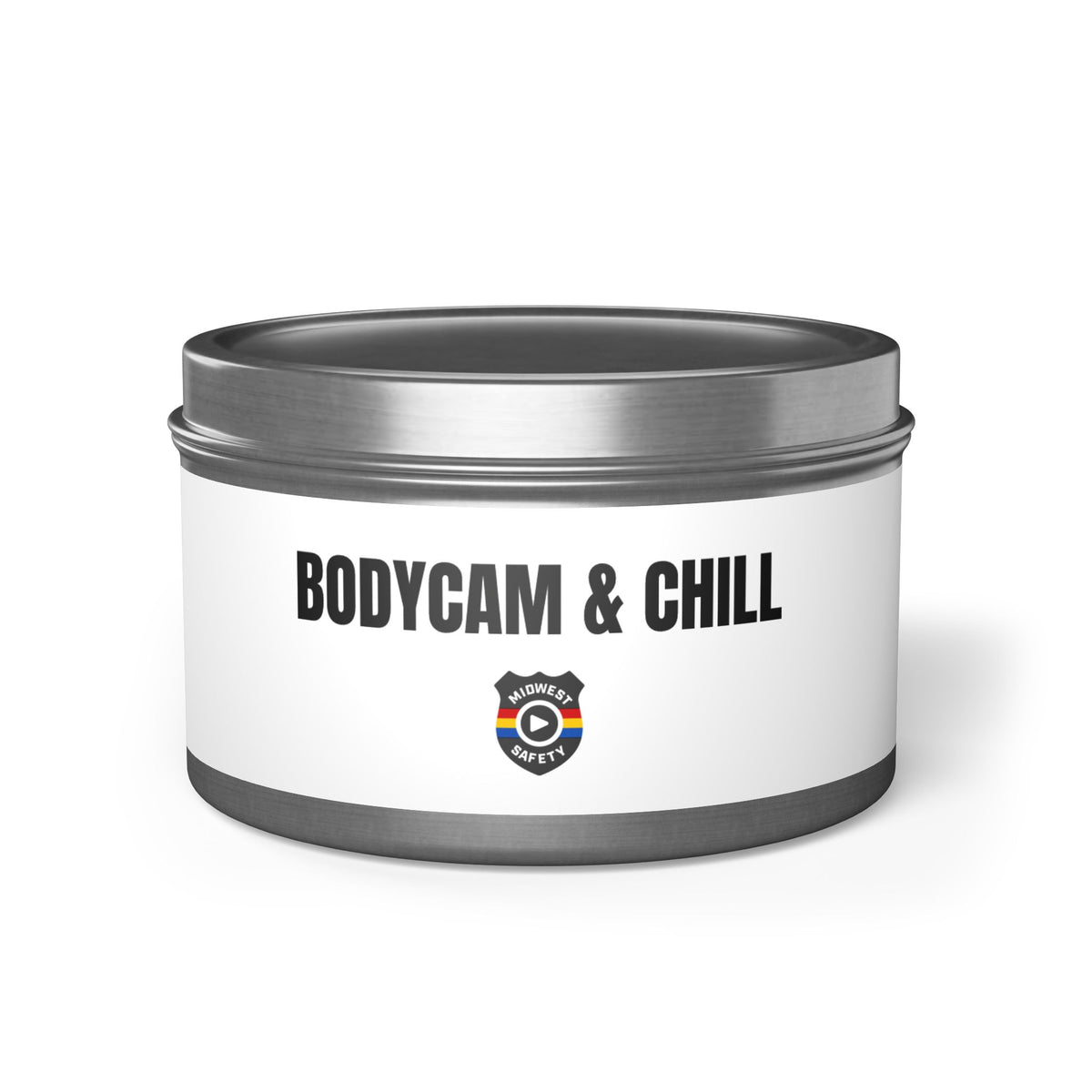 Tin Candle — "Bodycam & Chill", Scented Tin Candle (Midwest Safety Logo Design)