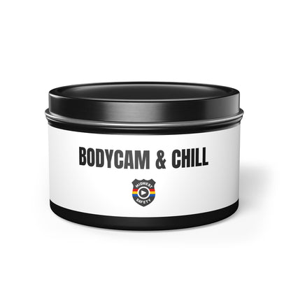 Tin Candle — "Bodycam & Chill", Scented Tin Candle (Midwest Safety Logo Design)