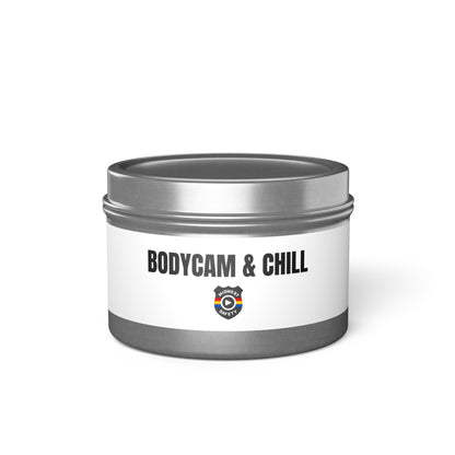 Tin Candle — "Bodycam & Chill", Scented Tin Candle (Midwest Safety Logo Design)