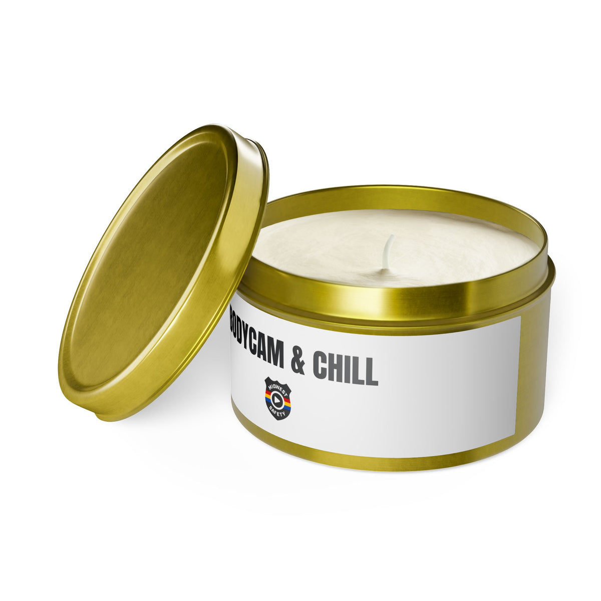 Tin Candle — "Bodycam & Chill", Scented Tin Candle (Midwest Safety Logo Design)