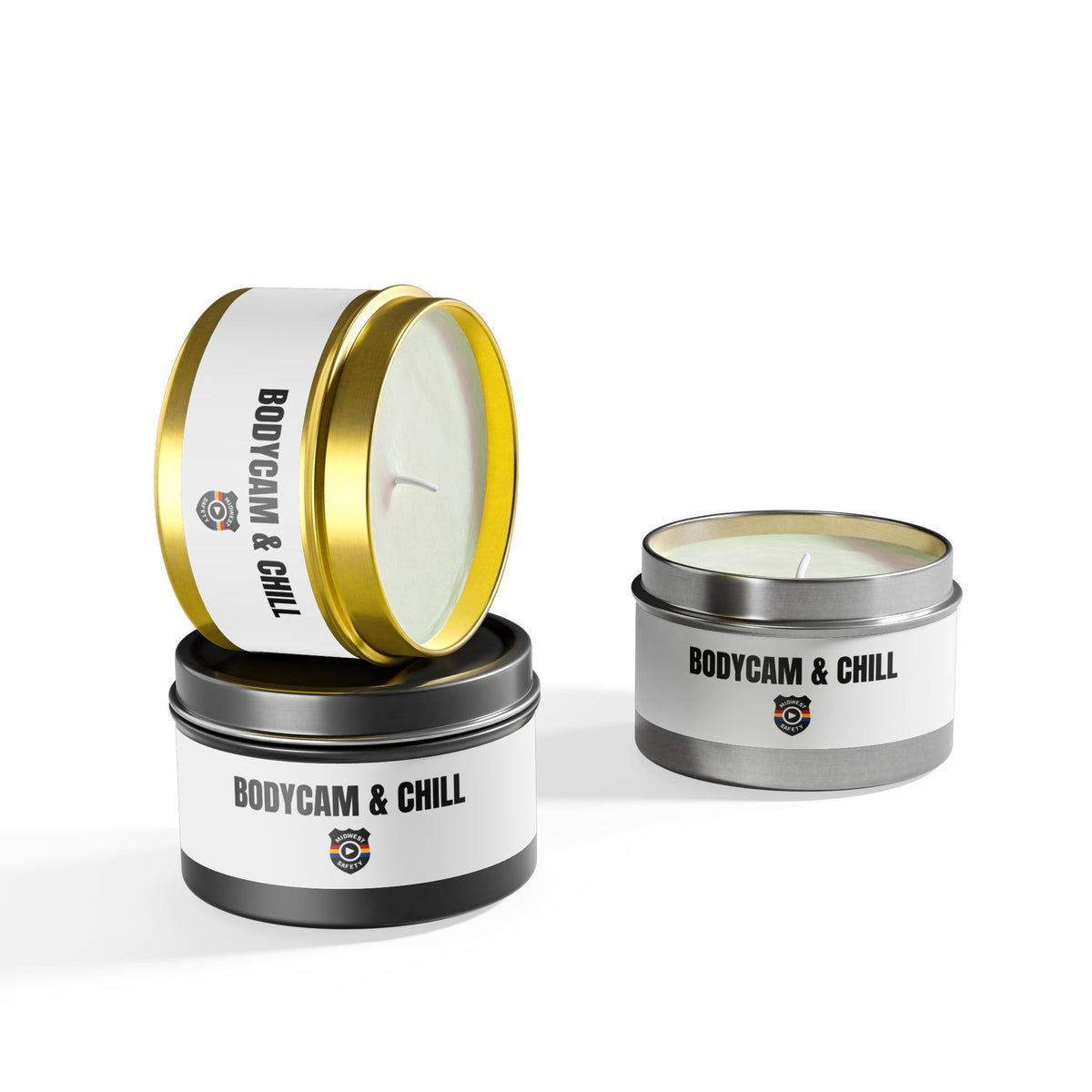 Tin Candle — "Bodycam & Chill", Scented Tin Candle (Midwest Safety Logo Design)