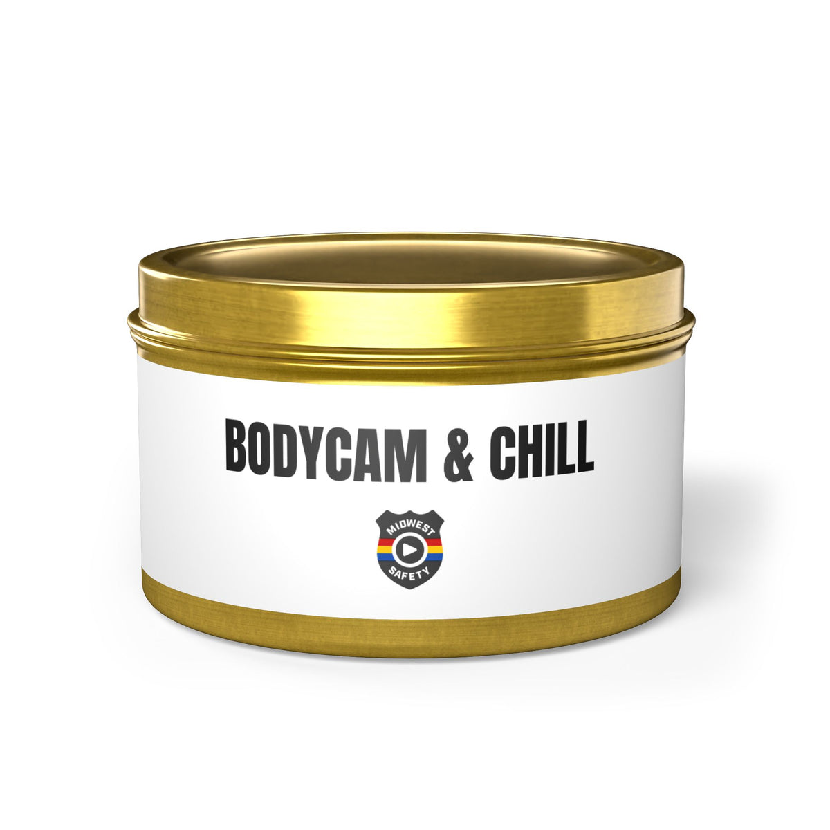 Tin Candle — "Bodycam & Chill", Scented Tin Candle (Midwest Safety Logo Design)