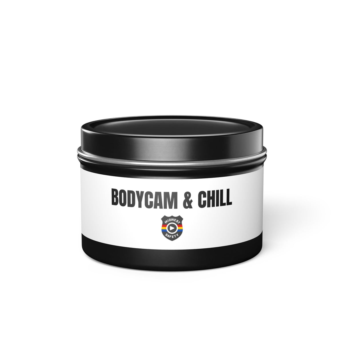Tin Candle — "Bodycam & Chill", Scented Tin Candle (Midwest Safety Logo Design)