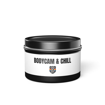 Tin Candle — "Bodycam & Chill", Scented Tin Candle (Midwest Safety Logo Design)