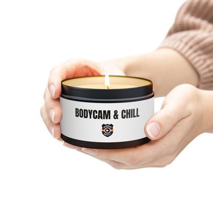 Tin Candle — "Bodycam & Chill", Scented Tin Candle (Midwest Safety Logo Design)