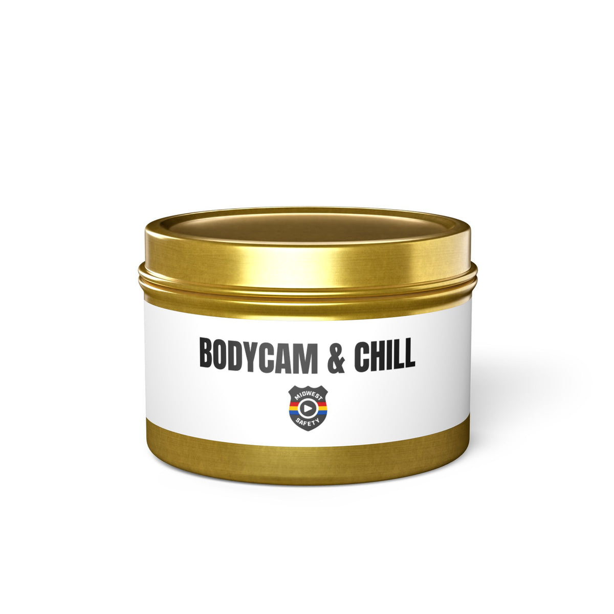 Tin Candle — "Bodycam & Chill", Scented Tin Candle (Midwest Safety Logo Design)