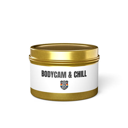 Tin Candle — "Bodycam & Chill", Scented Tin Candle (Midwest Safety Logo Design)