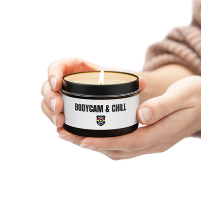 Tin Candle — "Bodycam & Chill", Scented Tin Candle (Midwest Safety Logo Design)