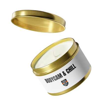 Tin Candle — "Bodycam & Chill", Scented Tin Candle (Midwest Safety Logo Design)