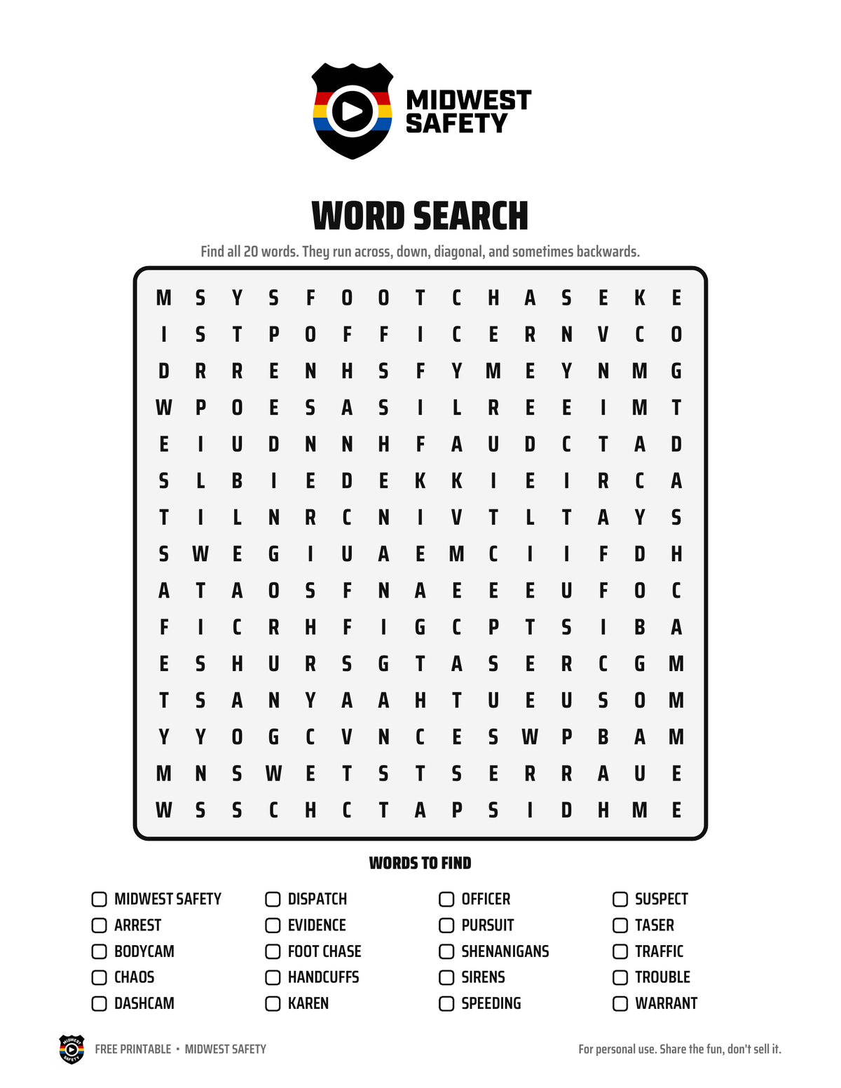 FREE - Word Search - Midwest Safety Printable Word Search